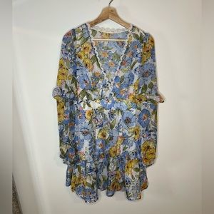 Floral Print, Lace Trim Lantern Sleeve Ruffle Hem Dress. Perfect for Spring!